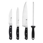 Amazon Brand – Solimo Premium High-Carbon Stainless Steel Kitchen Knife Set, 4-Pieces (with Sharpener), Silver