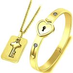 Gadgets Appliances GONSGADAPP Design Heart Lock and Key Stainless Steel Couple Bracelet Pendant Necklace Set for Couples Men and Women (Silver)