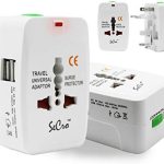 SeCro Plastic Film Universal Travel Adapter with Built in Dual USB Charger Ports with 125V 6A, 250V Surge/Spike Protected Electrical Plug (White) (Style A)