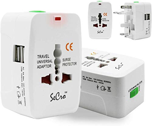 SeCro Plastic Film Universal Travel Adapter with Built in Dual USB Charger Ports with 125V 6A, 250V Surge/Spike Protected Electrical Plug (White) (Style A)