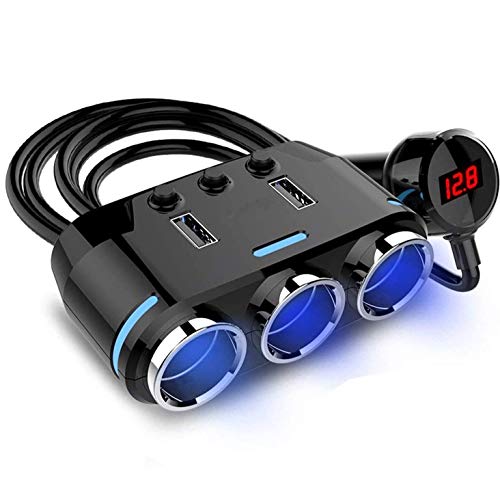HSR 3 Socket LED Voltage Display Dual USB Car Charger on/Off Switches 12V Car Splitter Adapter for Samsung (Black)