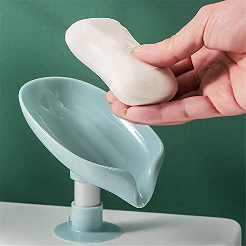 MARMIX 1 Pack Soap Holder Leaf-Shape Self Draining Soap Dish Holder, Not Punched Easy Clean Bar Soap Holder, with Suction Cup Soap Dish Suitable for Shower, Bathroom, Kitchen Sink (Grey + Green)