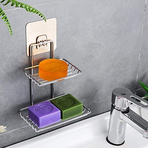 GDR Double Layer Stainless Steel Magic Sticker Soap Holder Storage Rack for Kitchen/Bathroom (Silver)