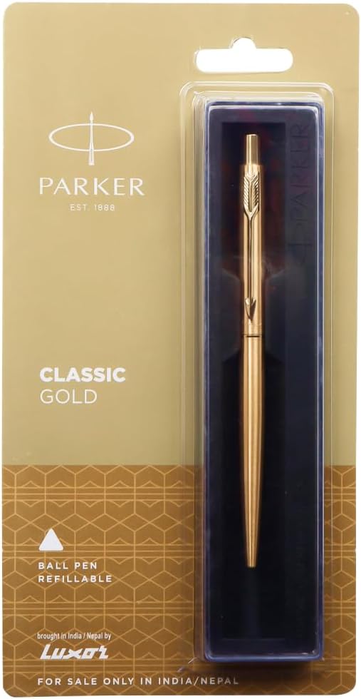 Parker Classic Gold Trim Ball Pen | Refillable | Gold Trim | Stainless Steel (1 Count, Pack of 1, Ink – Blue) | Ideal for gifting | Best pen for professionals, students