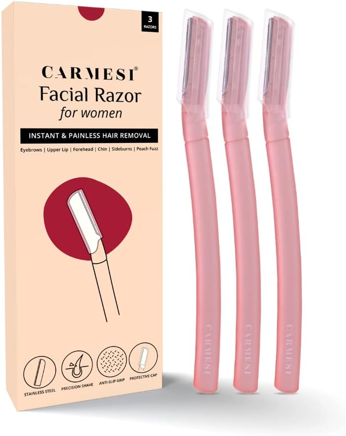 Carmesi Reusable Face Razor for Women Facial Hair- 3 Razors | Instant & Painless Hair Removal | For Eyebrows, Upper Lip, Forehead, Peach Fuzz, Chin and Sideburns | Dermaplaning Tool