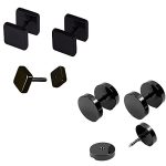 RD Gadgets Combo of Square and Round Dumbell Ear Studs for Men and Women Black