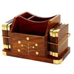 StonKraft Wooden Desk Organiser, Coasters Set, Pen Stand, Business Card Holder with Brass Work (Office Table Accessories)