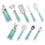 Ultroes 9-Pack Kitchen Cooking Utensils Set, Stainless Steel Gadget Tool with Anti-Slip Heat Resistan Handle, Scoop, Whisk, Peeler, Cutting, Grater, Can Opener, Garlic Press, Corkscrew, Knife