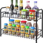 Lyrovo Metal 2 Tier Kitchen Countertop Spice Container Organizer Rack with Shelf Liner for Cabinet Pantry Office (Black)