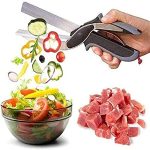 Gadgets HUB 2-in-1 Steel Smart Clever Vegetable Scissor Cutter Kitchen Knife Food Chopper and in Built Mini Chopping Board with Locking Hinge; with Spring Action; Stainless Steel Blade (Color Black)