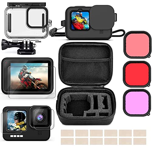 Adofys Action Camera Accessories with Waterproof Case+ Silicone Cover+Tempered Screen Protector+3 Lens Filters+Anti-Fog Inserts+Shockproof Small Case Bundle for GoPro Hero 9 10 & 11 Accessories