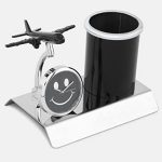 ZAHEPA Pen Stand for Office Table, Pencil Holder with Airplane Miniature, Stationary Desk Organizer with Clock – Black, metal