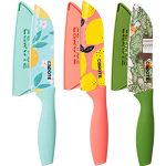 CAROTE Knife Set, Stainless Steel Knife for Kitchen Use, Chef’s Knife Set, Santoku Knife & Non-Slip Handle with Blade Cover, Set of 3(Blue, Green, Pink)