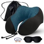 FOM (Friends of Meditation) Neck Pillow, Extra Soft Memory Foam Travel Pillow, Neck Pillow for Travel, Flight, Train and Car, 4-in-1 Travel Set with Travel Bag, Eye Mask and Earplugs, teal