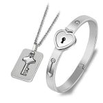 Gadget Deals Men’s and Women’s Love Bracelet for Couple Lock and Key Heart Lock and Key Stainless Steel Couple Bracelet Pendant Necklace Set for Couples (Silver)