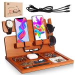 Wood Phone Docking Station Key Cell Phone Smartwatch Holder Wallet Stand Watch Organizer Men Husband Wife Anniversary Dad Birthday Gift Nightstand Purse Father Graduation Male Travel Idea Gadgets