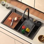 CROCODILE Kitchen Sink with ANTI SCRATCH HONEYCOMB DESIGN Integrated Waterfall and Pull-down Faucet Set/304 Grade Stainless Steel Sink with Cup washer and Drain Baskets (30x18x9 inch, Nano Coating)