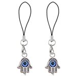 KIPZO® Pack of 2 silver Good luck Evil Eye Hamsa Hand Fatima symbol Turkish alloy phone charms cute pendent earrings hooks Hanging Keychain necklace anklet for girls women Lanyard combo with Zip Pouch