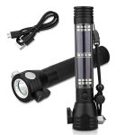 Tip&Top creation Aluminium 7 Mode Rechargeable Solar LED Torch Flashlight Long Beam Range High Power with Car Emergency Safty Tool to Escape Window Breaker Hammer, Seat Belt Cutter, Compass + USB Cable (Black)