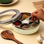 anantam homes Stainless Steel Masala Dabba masaladani Spice Box Organizer for Kitchen Masala Dani with See Through Lid with 7 Containers and a Small Spoon – Ivory