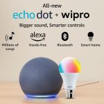 All-New Echo Dot (5th Gen, Blue) Combo with Wipro 9W LED Smart Color Bulb