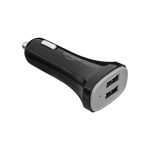Amazon Basics 30W Dual Port Car Charger | USB 3.1 (White) 12W + USB 3.0 (Green) 18W | Black (Without Cable), Smartphone, Black