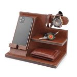 CLADD INTERNATIONAL Vegan Leather Docking Station Mobile Stand Desk Organizer | Smart Watch Holder | Sunglass & Wallet Space | Eco Friendly Home Bedside & Office Table | Gift Accessories | Brown