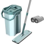 Mop with Bucket- UPC Upgraded Hands-Free Squeeze Microfiber Flat Spin Mop System 360° Flexible Head Mop with 1+2 Super-Absorbent Microfiber Pads (Green)