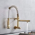 InArt Single Lever Wall-Mounted Kitchen Sink Tap 360° Swivel Pull-Down Sprayer Kitchen Faucet with Multi-Function Spray Head (Gold Color)