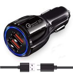 30W Car Charger for Doogee T20mini Kid Original QC Adapter Type C 3.0A High Speed Fast Turbo Charge QC 3.0 Smart Dualport with 1m Type-C Charging & Sync Cable (Black, PK.F1)