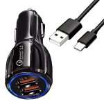 30W Car Charger for Doogee T20mini Kid Original QC Adapter Type C 3.0A High Speed Fast Turbo Charge QC 3.0 Smart Dualport with 1m Type-C Charging & Sync Cable (Black, PK.F7)