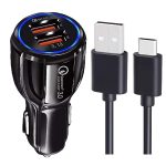 30W Car Charger for Doogee T20mini Kid Original QC Adapter Type C 3.0A High Speed Fast Turbo Charge QC 3.0 Smart Dualport with 1m Type-C Charging & Sync Cable (Black, PK.F6)