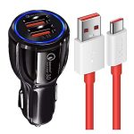 30W Car Charger for Doogee T20mini Kid Original QC Adapter Type C 3.0A High Speed Fast Turbo Charge QC 3.0 Smart Dualport with 1m Type-C Red Dash Charging & Sync Cable (Black, PK.F1)