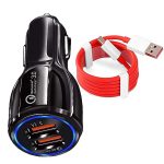 30W Car Charger for Doogee T20mini Kid Original QC Adapter Type C 3.0A High Speed Fast Turbo Charge QC 3.0 Smart Dualport with 1m Type-C Red Dash Charging & Sync Cable (Black, PK.F7)