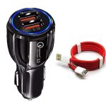 30W Car Charger for Doogee T20mini Kid Original QC Adapter Type C 3.0A High Speed Fast Turbo Charge QC 3.0 Smart Dualport with 1m Type-C Red Dash Charging & Sync Cable (Black, PK.F3)