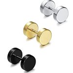 RD Gadgets Jewellery Combo of 3 Single Piece Black, Silver & Gold Stainless Steel Dumb Bell Small Ear Stud Earrings for Men & Boys