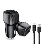 UltraProlink Mach17 Fast Car Charger | 1M, Black | with Dual USB Ports 3.4A/17W with Type C Cable | Premium Carbon Fibre Finish | Protects Devices Against Excessive Current & Overheating | UM1043