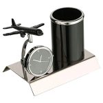 ZAHEPA Black Metal Pen Stand with Airplane Miniature, Clock & Pencil Holder – Stylish Office Desk Organizer | Corporate Gift Set | Elegant, Durable, Decorative Showpiece