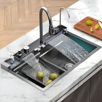 Plantex Fully Equipped Kitchen Sink with Integrated Waterfall and Pull-down Faucets/304 Grade Stainless Steel Sink with LED Pannel and Digital Display – Nano Black Finish (30 x 18 Inch)