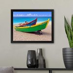 GADGETS WRAP Printed Photo Frame Matte Painting for Home Office Studio Living Room Decoration (11x9inch Black Framed) – Brightly Painted Fishing Boats On A Caribbean Beach