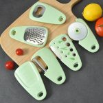 Kolorful Kitchen Gadgets Set 6 Pieces, Space Saving Cooking Tools Cheese Grater, Bottle Opener, Fruit/Vegetable Peeler, Pizza Cutter, Garlic/Ginger Grinder, Stainless Steel Accessories Dishwasher Safe