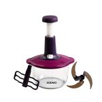 Amazon Brand – Solimo Manual Press Fruit & Vegetable Chopper, with 3 Stainless Steel Blades, 1 Whisker, Food-Grade Unbreakable Plastic Container, Anti-Slip Base, and Locking System, 1400 ml, Purple
