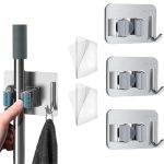 COOLCOLD Pack-3, Broom Holder | Wall Mounted Mop Holder + (2pcs Double Sided Tape), Stainless Steel Self Adhesive Heavy Duty Storage Rack Organization Tools, Kitchen, Bathroom, Garage (Silver)
