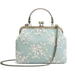 Women Vintage Kiss Lock Evening Purse Top Handle Handbag Lace Crossbody Shoulder Bag with Chain Starp Green