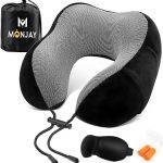 MONJAY Memory Foam Neck Pillow for Travel, Neck Support Pillow Skin-Friendly and Breathable Pillowcase with 3D Eye Mask, Earplugs and Portable Storage Bag, for Airplane, Train and Home Use (Black)