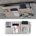 HSR Car Accessories Car Sun Visor Organizer, Sunglass Pen Card Small Document Storage Pouch Holder, PU Leather, Multi-Pocket with Zipper Net (Grey)