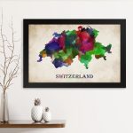 GADGETS WRAP Printed Photo Frame Matte Painting for Home Office Studio Living Room Decoration (14x11inch Black Framed) – Switzerland Watercolor Map Print