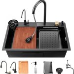 Fossa 24″x18″x10″ Single Bowl Waterfall Kitchen Sink Honeycomb Embossed Sink with Black Nano Coating, Stainless Steel, Rectangular Workstation,faucet With all Accessories.