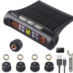 Woscher Tyre Pressure Monitoring System for Car | Car Gadgets | Wireless Solar Power & USB Charger TPMS for Cars | Tyre Pressure Monitor with 5 Alarm Modes | LCD Color Display with 4 External Sensors