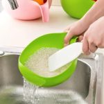 E-COSMOS Bowl with Water Strainer Multi-Use Strainer/Washer Bowl for Rice Vegetable & Fruits (Rice Bowl) (Pack of 1, Green)